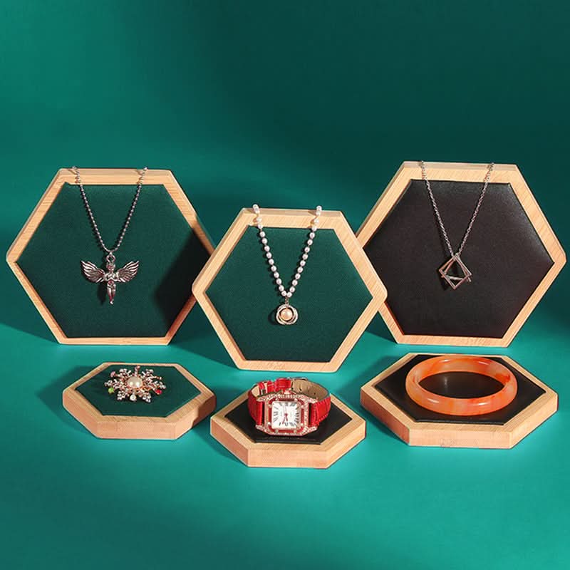 Hexagonal Bamboo & Wood Jewelry Display Tray Set