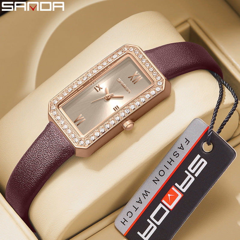 SANDA Women's Quartz Watch – Diamond-Accented Leather Strap, Casual Timepiece