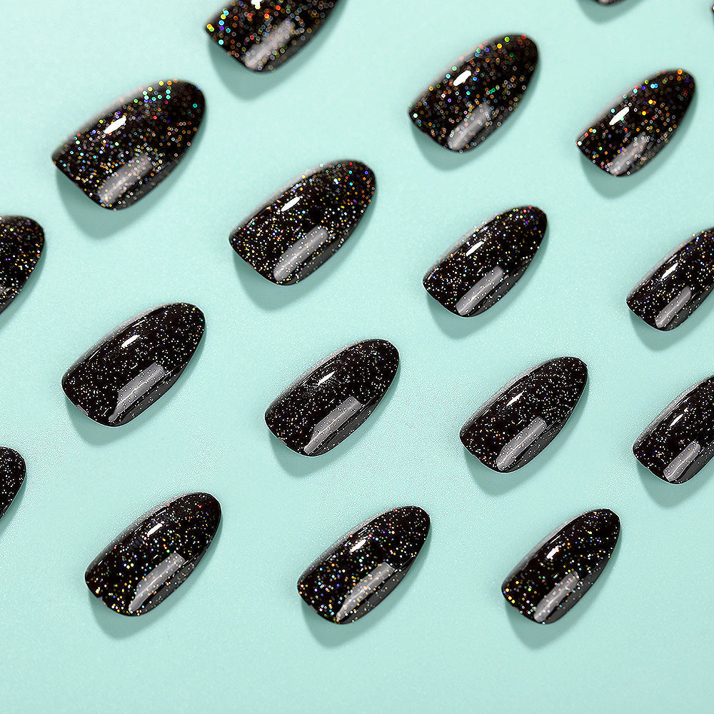 Black Glitter Press-On Nails – Medium Almond Shape, Reusable Acrylic Nail Set