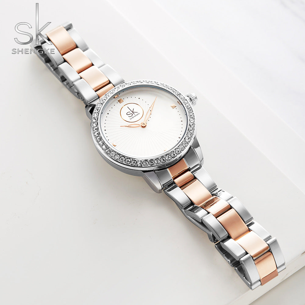 SK Women’s Quartz Watch – Diamond Frame Business Wristwatch with Stainless Steel Band