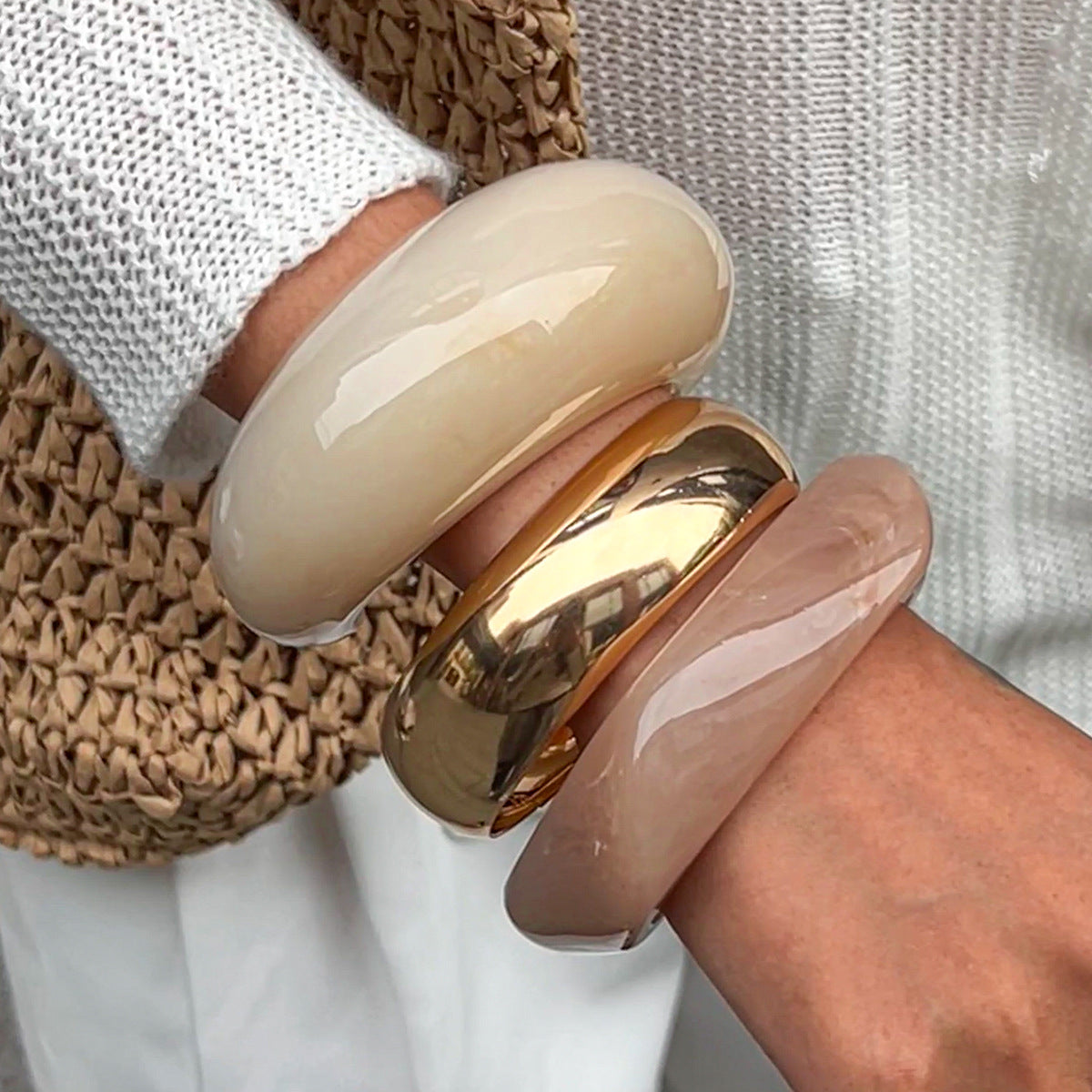 Chunky Gloss Dome Bangle Set – Bold Resin & Gold Slip-On Bracelets for Women (Pack of 3)