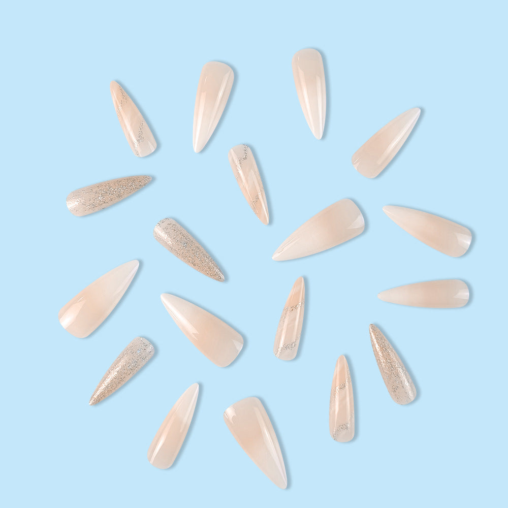 Glam Glitter Stiletto Press-On Nails – Long Pink & White Acrylic with Marble Gradient