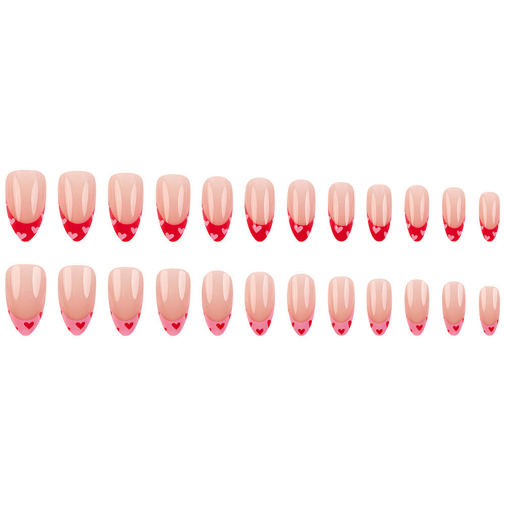 Cute French Tip Press-On Nails with Heart Design, Acrylic Glue-On Nails