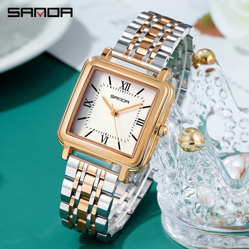 SANDA Women’s Square Quartz Watch – Retro Stainless Steel Strap with Roman Numerals