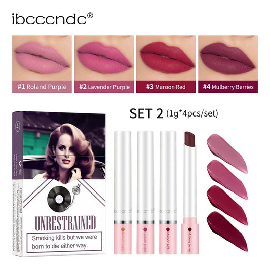 Ibcccndc Matte Lipstick Set – Long-Lasting, Non-Stick, Cigarette Tube Case (4-piece pack)