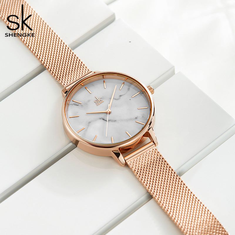 SK Women’s Quartz Watch – Marble Pattern Dial, Thin Strap, 30M Waterproof
