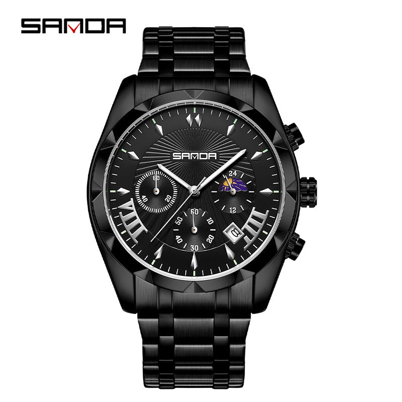 SANDA Men's Stainless Steel Sports Watch – Waterproof Quartz with Three-Eye Design