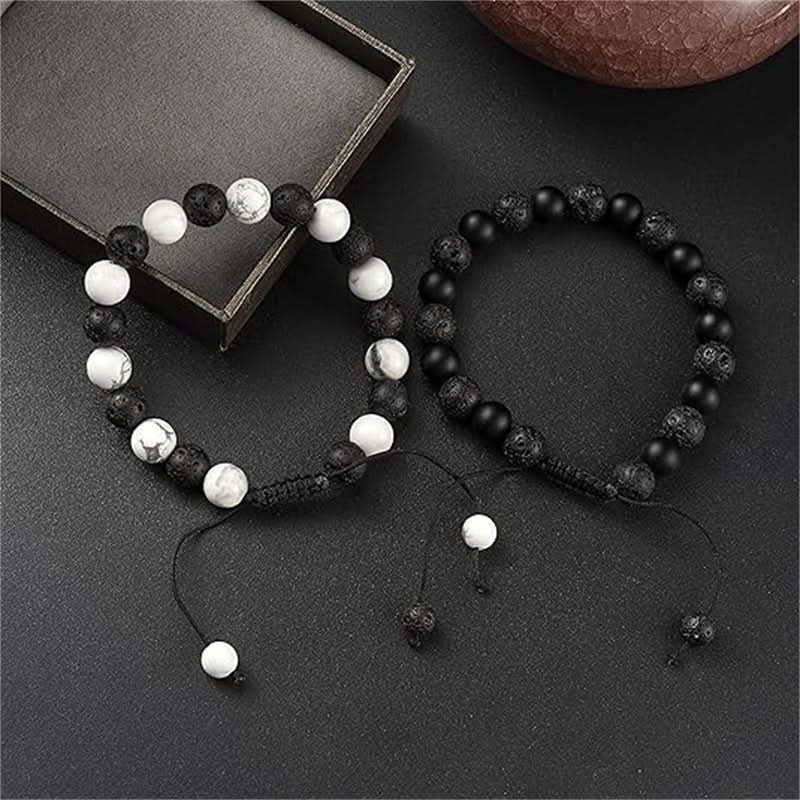 Unisex Crown Beaded Bracelet Set – Volcanic Stone Bracelets for Couples