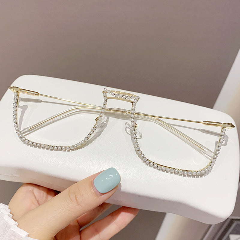 Women’s Rhinestone Decorative Glasses – Half-Frame Trendy Street Style Eyewear