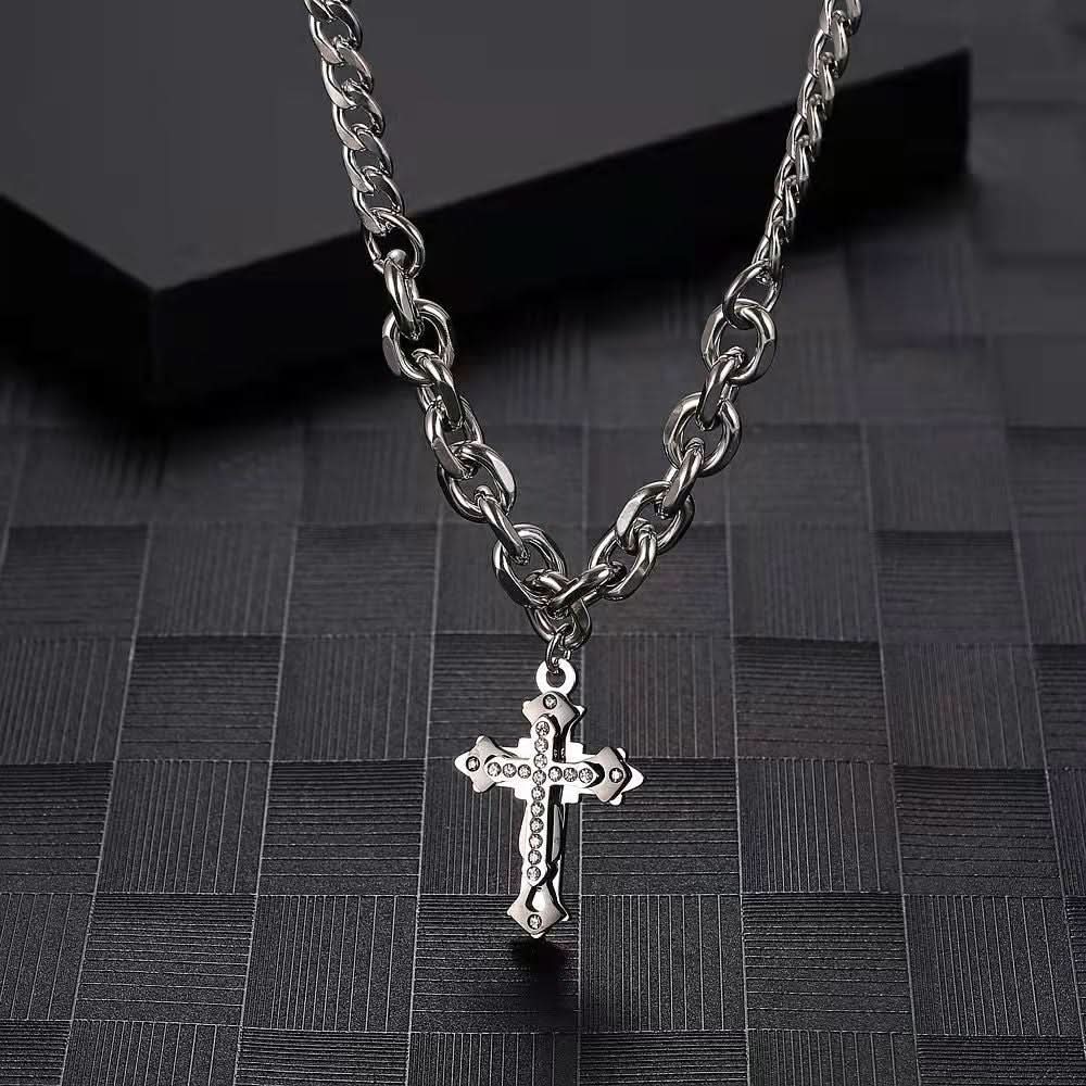 Men’s Hip-Hop Cross Necklace – Titanium Steel, Diamond-Studded Pendant