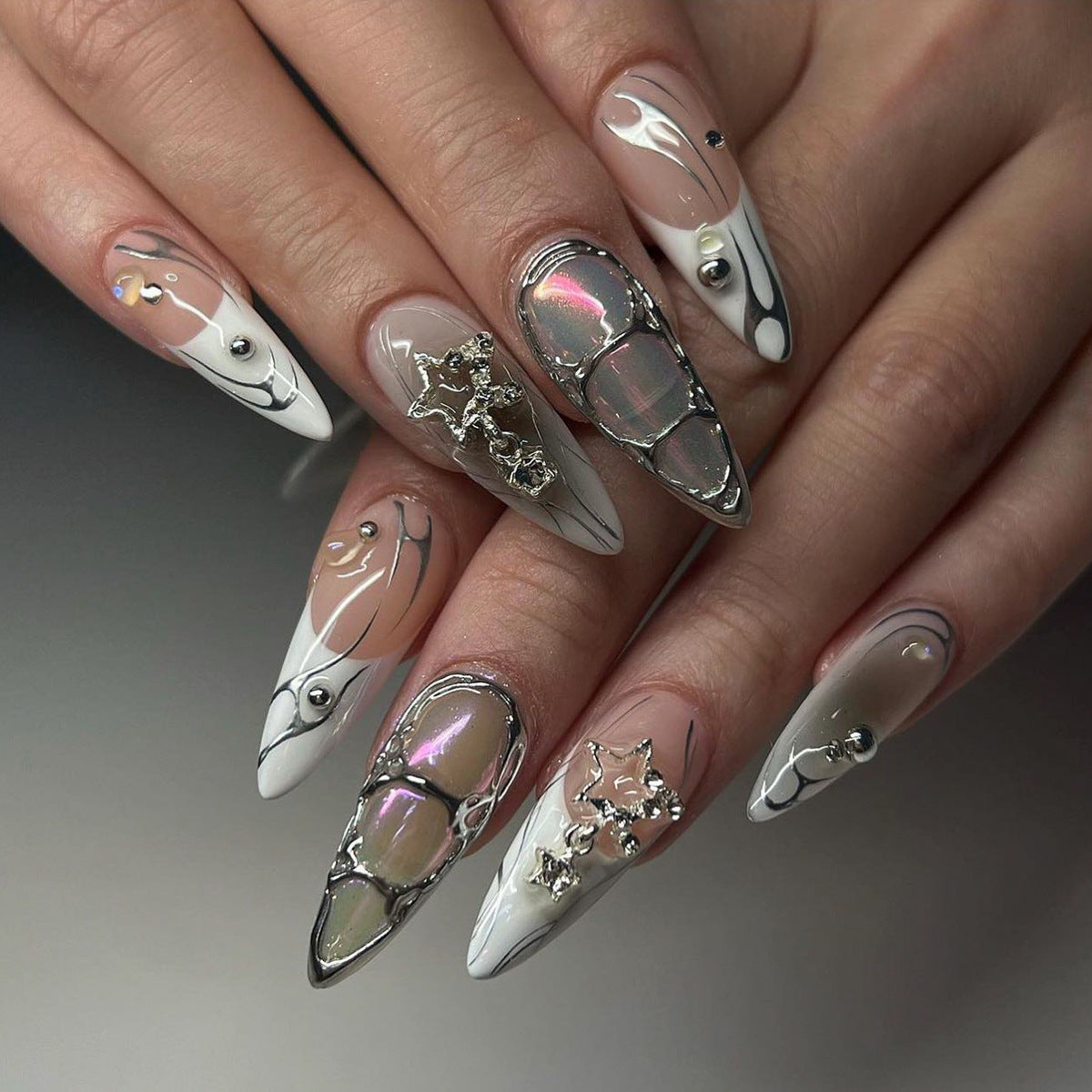 Long Stiletto Chrome Web Press-On Nails – Futuristic Glam with Cross & Star Accents