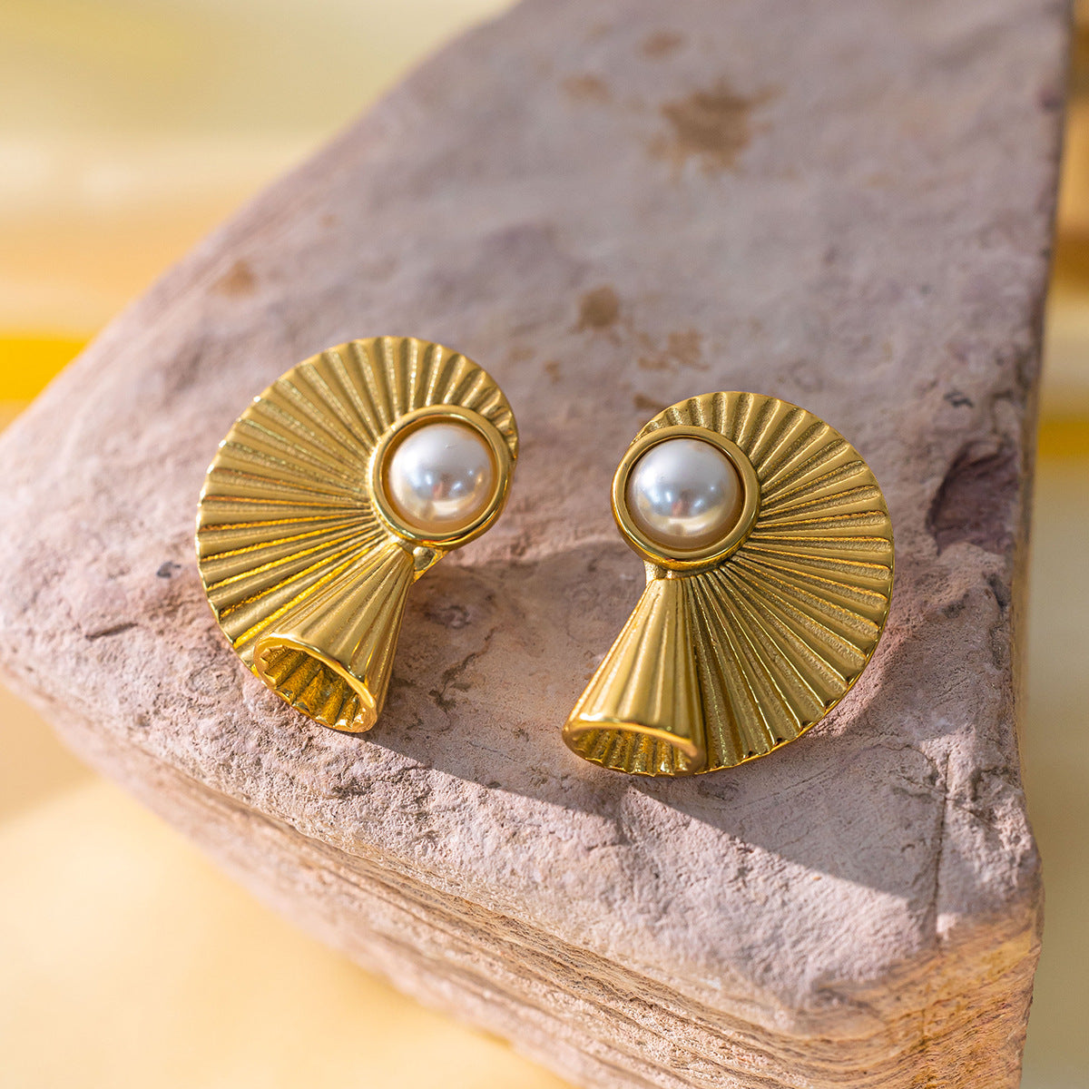 Golden Pearl Titanium Steel Earrings – Textured Stud & Drop Design (Combo of 4)