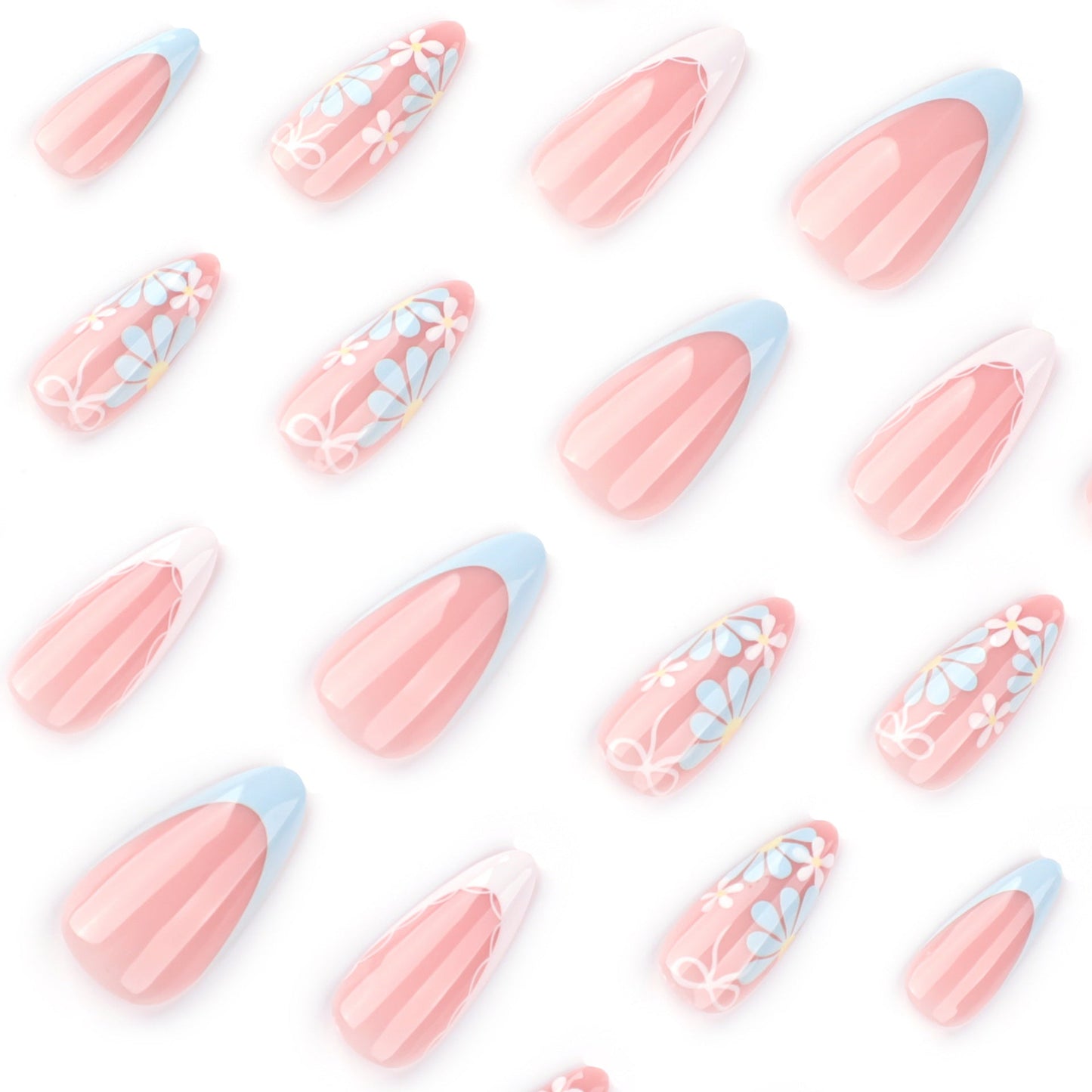 Long Almond Floral Press-On Nails with Matte Daisies & Bow – Cute Glue-On Nail Art