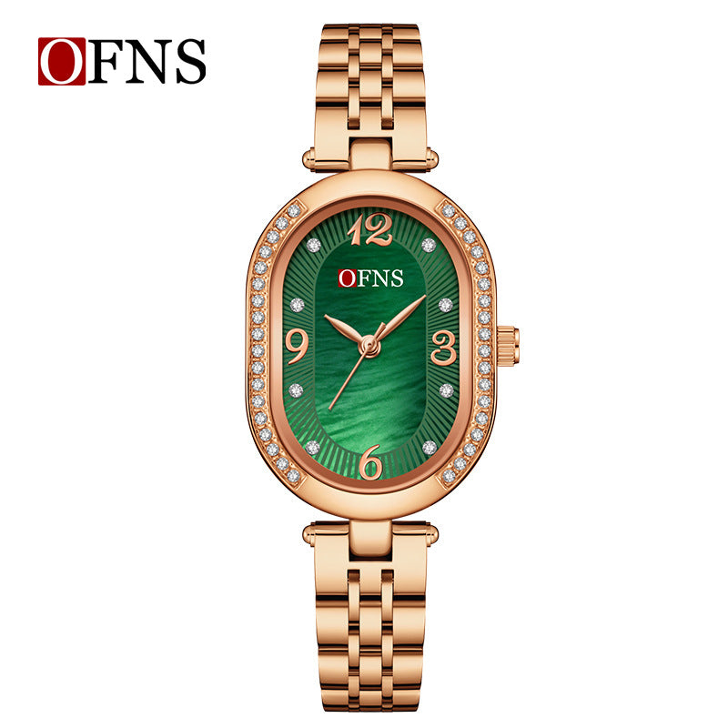 OFNS Diamond Oval Quartz Watch – Waterproof Fashion Watch for Women with Steel Strap