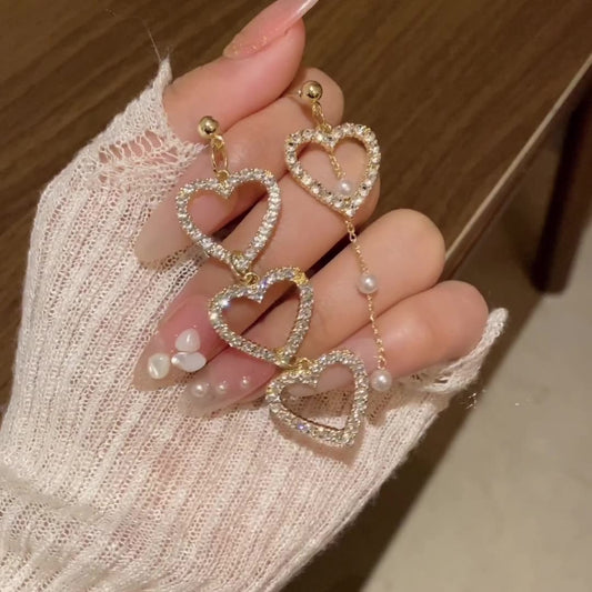 Gold Heart Tassel Earrings – Alloy Asymmetrical Jewelry for Women