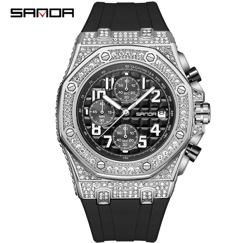 SANDA Men’s Diamond Dial Quartz Watch – Waterproof Silicone Strap Wristwatch