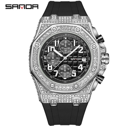 SANDA Men’s Diamond Dial Quartz Watch – Waterproof Silicone Strap Wristwatch