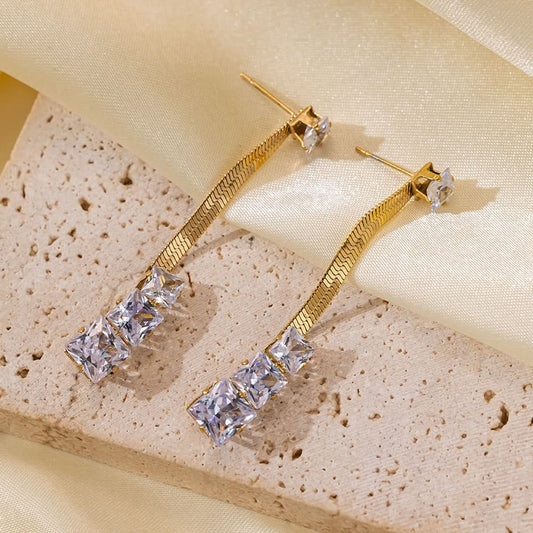 Gold Rhinestone Dangle Earrings - Titanium Steel
