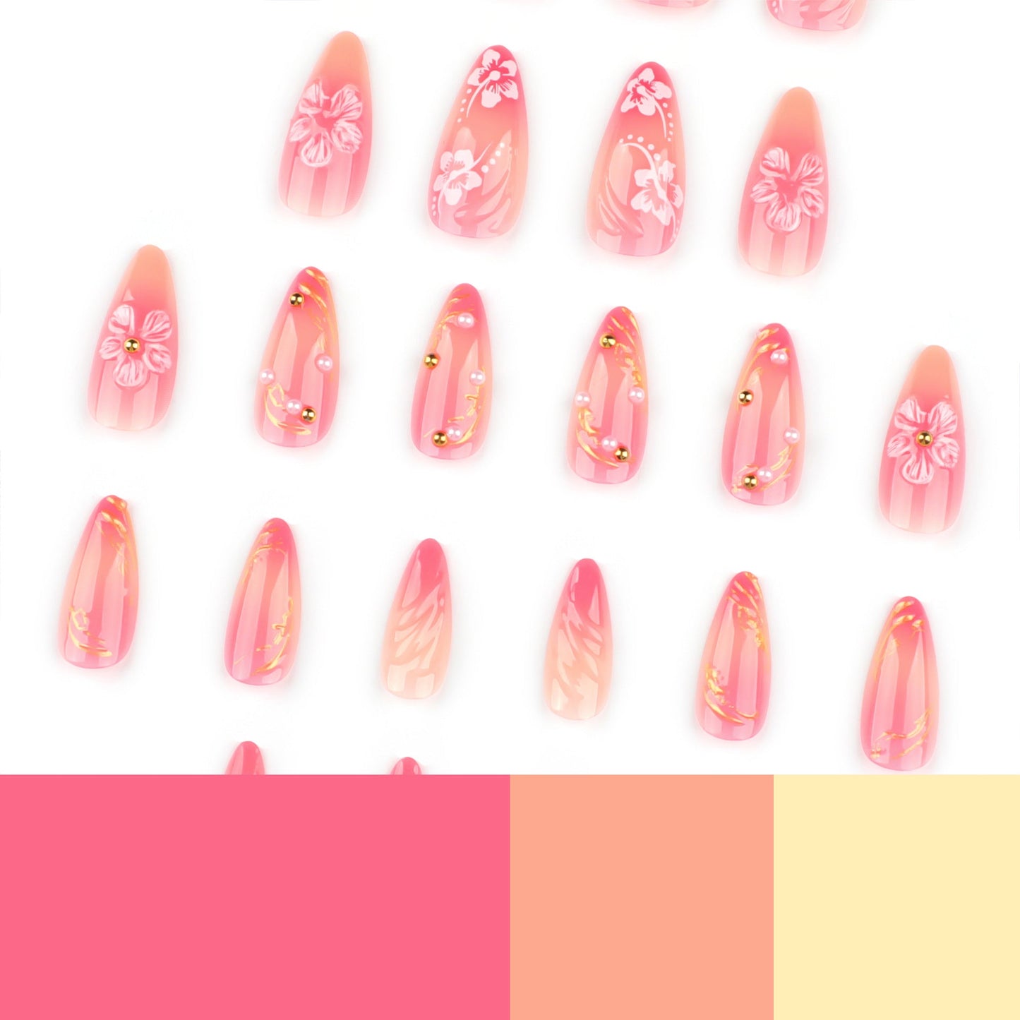 Long Almond Press-On Nails with 3D Floral Design & Swirl Art – Elegant Acrylic Tips