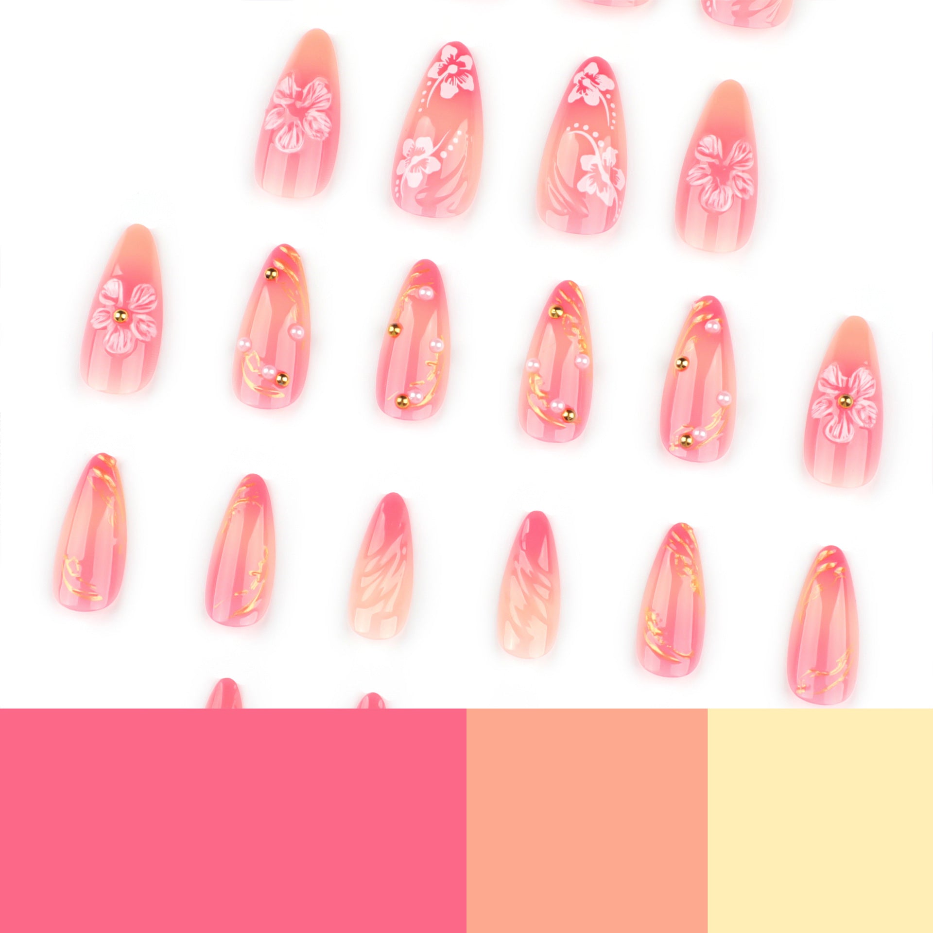 Long Almond Press-On Nails with 3D Floral Design & Swirl Art – Elegant Acrylic Tips