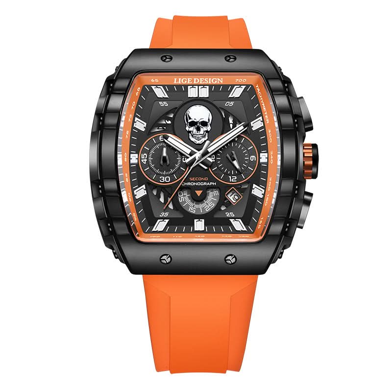 Men’s Skull Dial Quartz Watch – Luminous Barrel-Style Timepiece