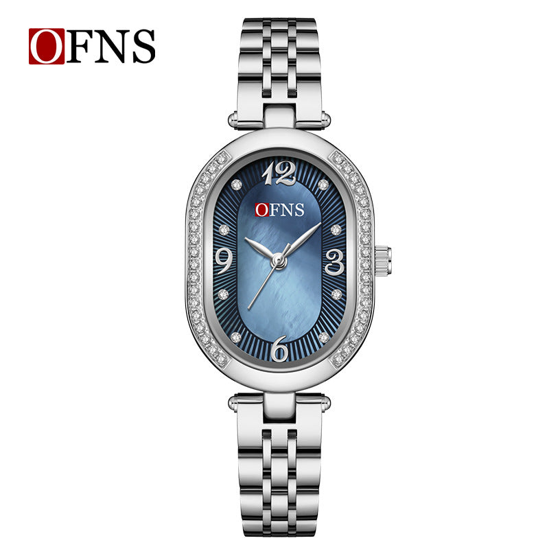 OFNS Diamond Oval Quartz Watch – Waterproof Fashion Watch for Women with Steel Strap