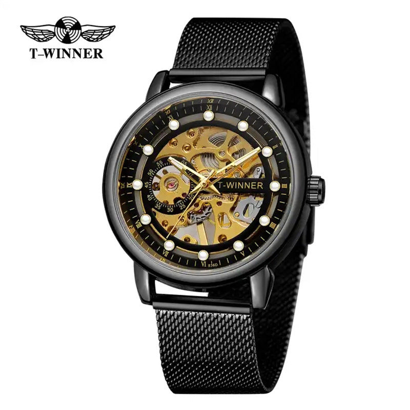 T-Winner Men’s Hollow Mechanical Watch – Mesh Strap, 30M Waterproof, Fashion Casual