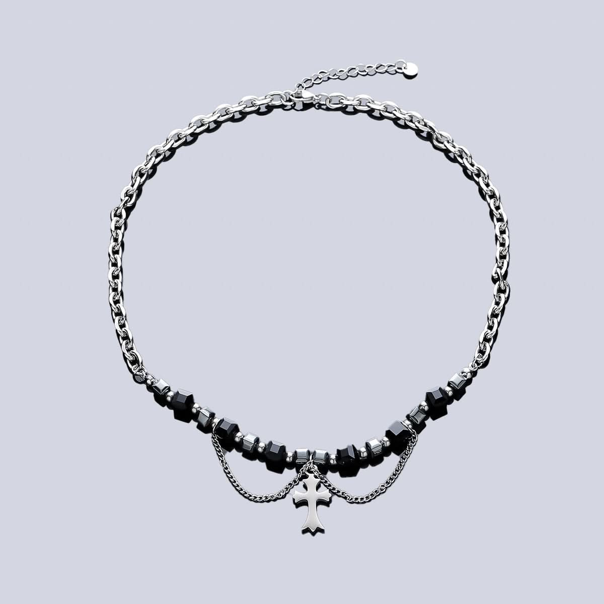 Men's Double Cross Necklace – Square Beaded Pendant