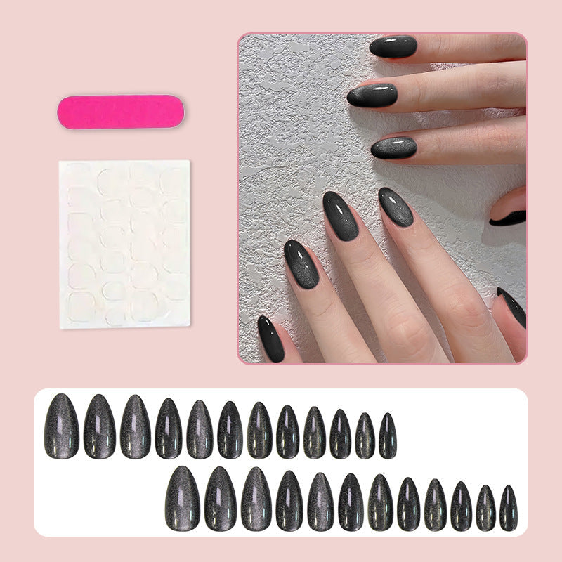 Black Cat Eye Press-On Nails – Glossy Almond Medium-Long Acrylic False Nails