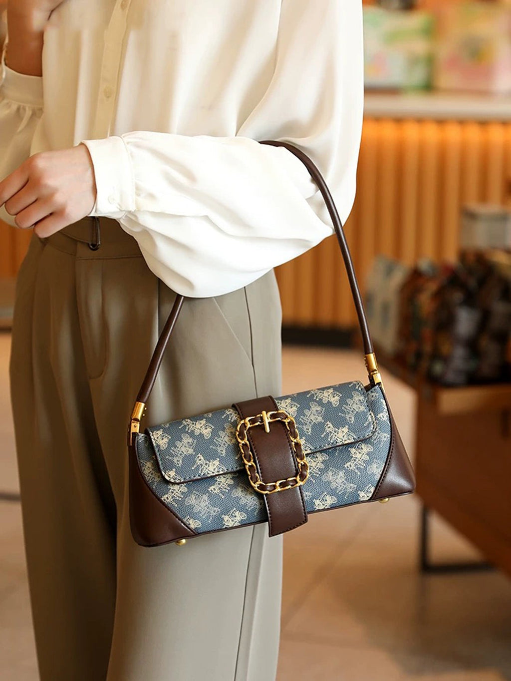 Vintage Horse & Carriage Pattern Shoulder Bag – PU Underarm Handbag for Women