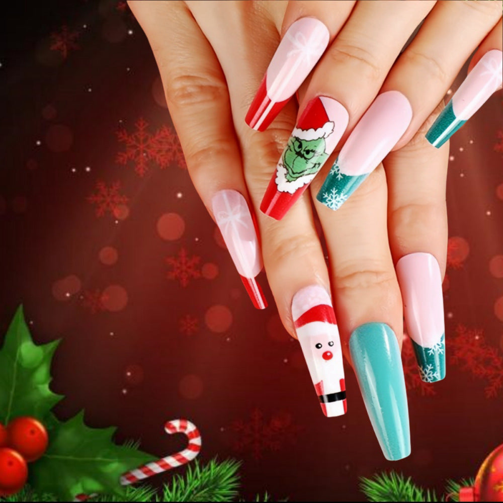 Festive Coffin Press-On Nails with Santa & Grinch Designs – Long Acrylic Glue-On Set