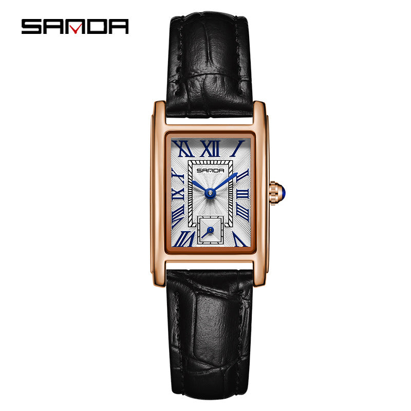 Sanda Women’s Classic Square Quartz Watch – Leather Strap, Semi-Waterproof Watch