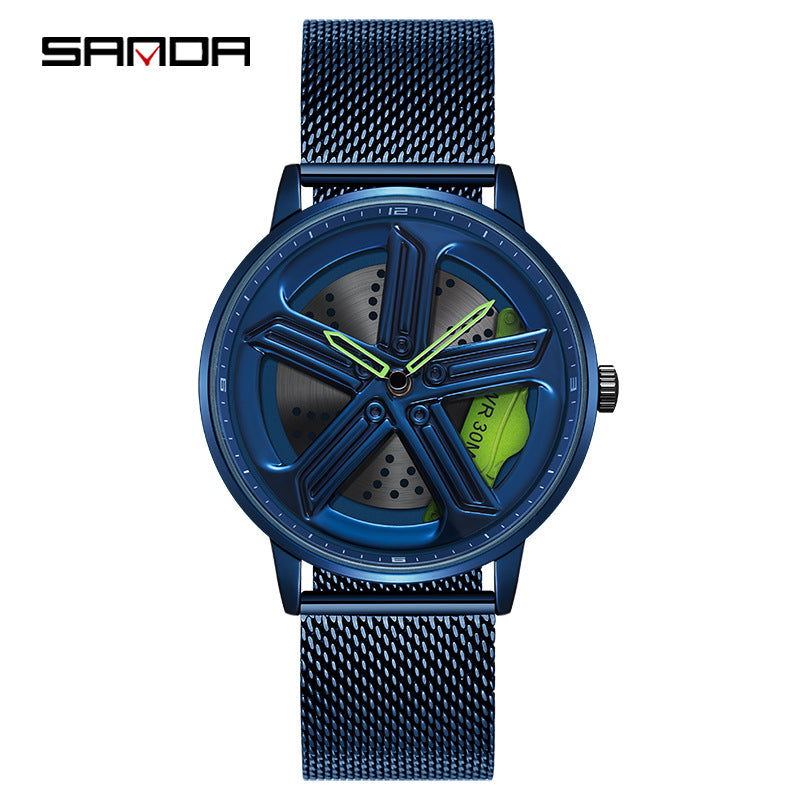 Sanda Men’s Mesh Quartz Watch – 360° Rotating Dial, Hollow Design, Waterproof Wristwatch