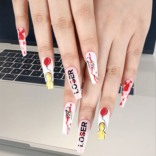 Horror Chic Balloon & Blood Press-On Nails – Extra Long Coffin Shape, Glue-On Set