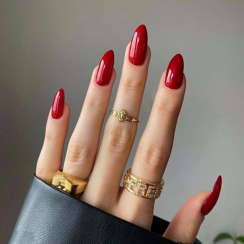Classic Red Almond Press-On Nails – Medium Length Glossy Acrylic Glue-On Set