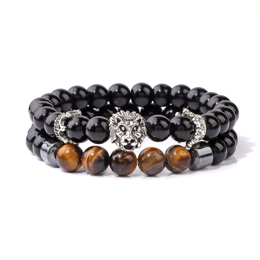 Unisex Double-Layer Lion Agate Bead Bracelet – Retro Black Stone