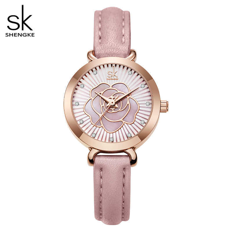 SK Women’s Fashion Quartz Watch – Waterproof Rose Leather Strap, Elegant Round Dial