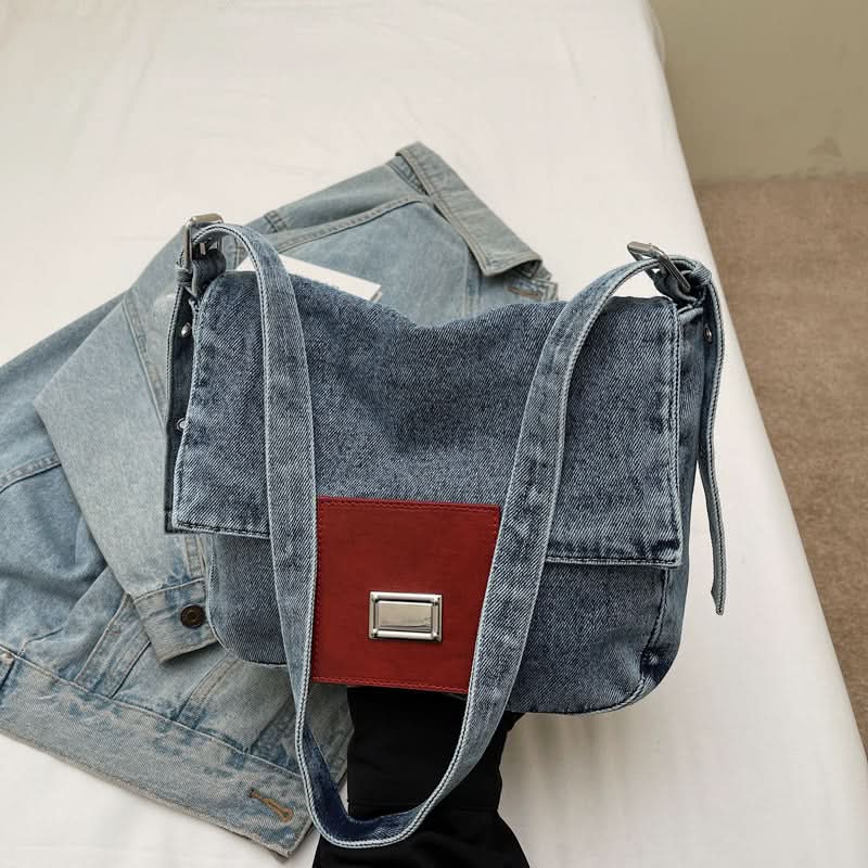 Women's Retro Denim Baguette Bag – Large-Capacity Shoulder & Crossbody Underarm Bag