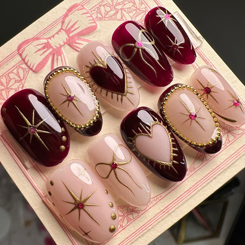 Retro Red & Peach Oval Press-On Nails – Glitter Bow Design Short Nails