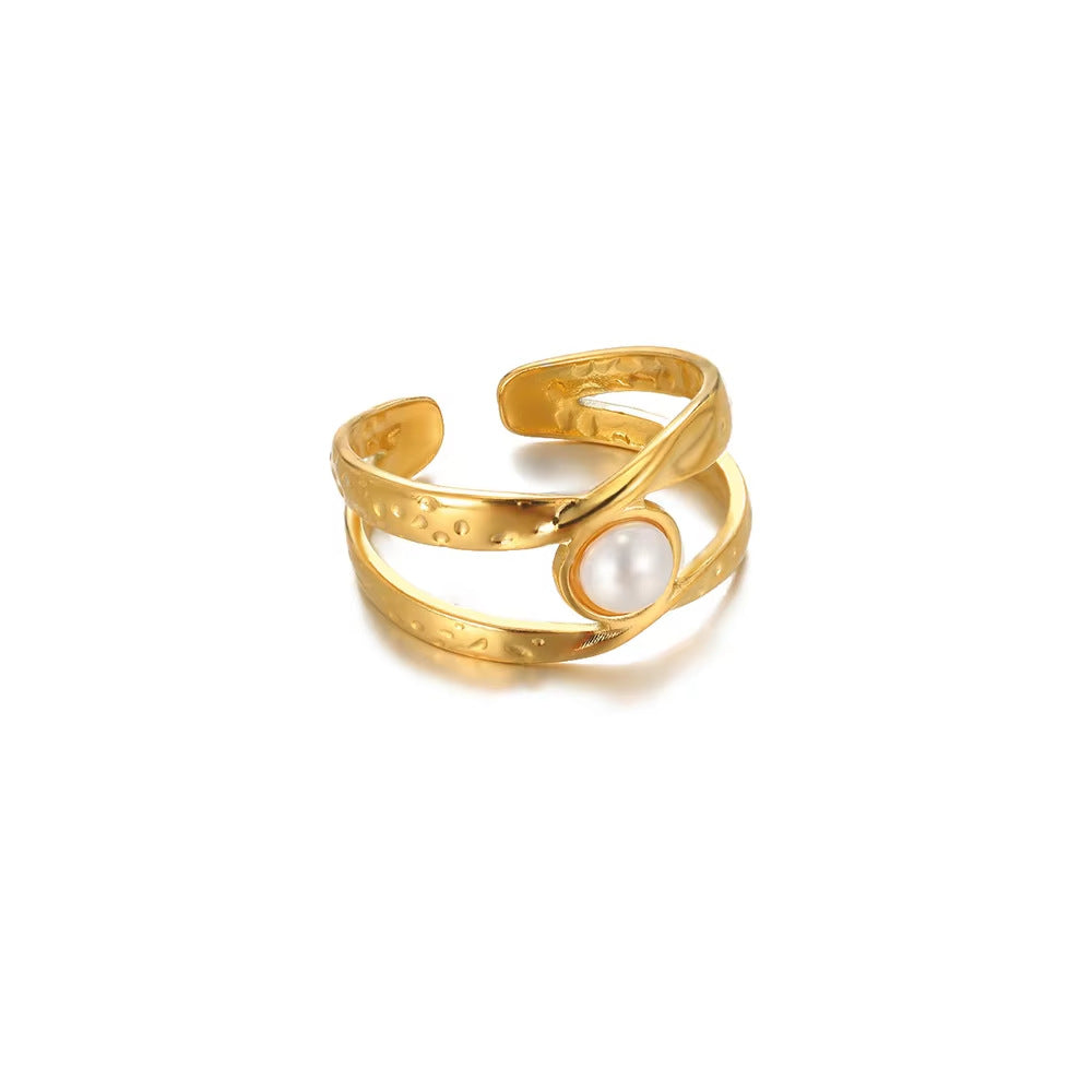 Modern Stainless Steel Pearl Ring – Adjustable Geometric Design, Minimalist Jewelry