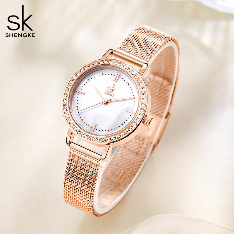 SK Women’s Quartz Watch – Diamond Accent Mesh Strap, 30M Waterproof Business Style