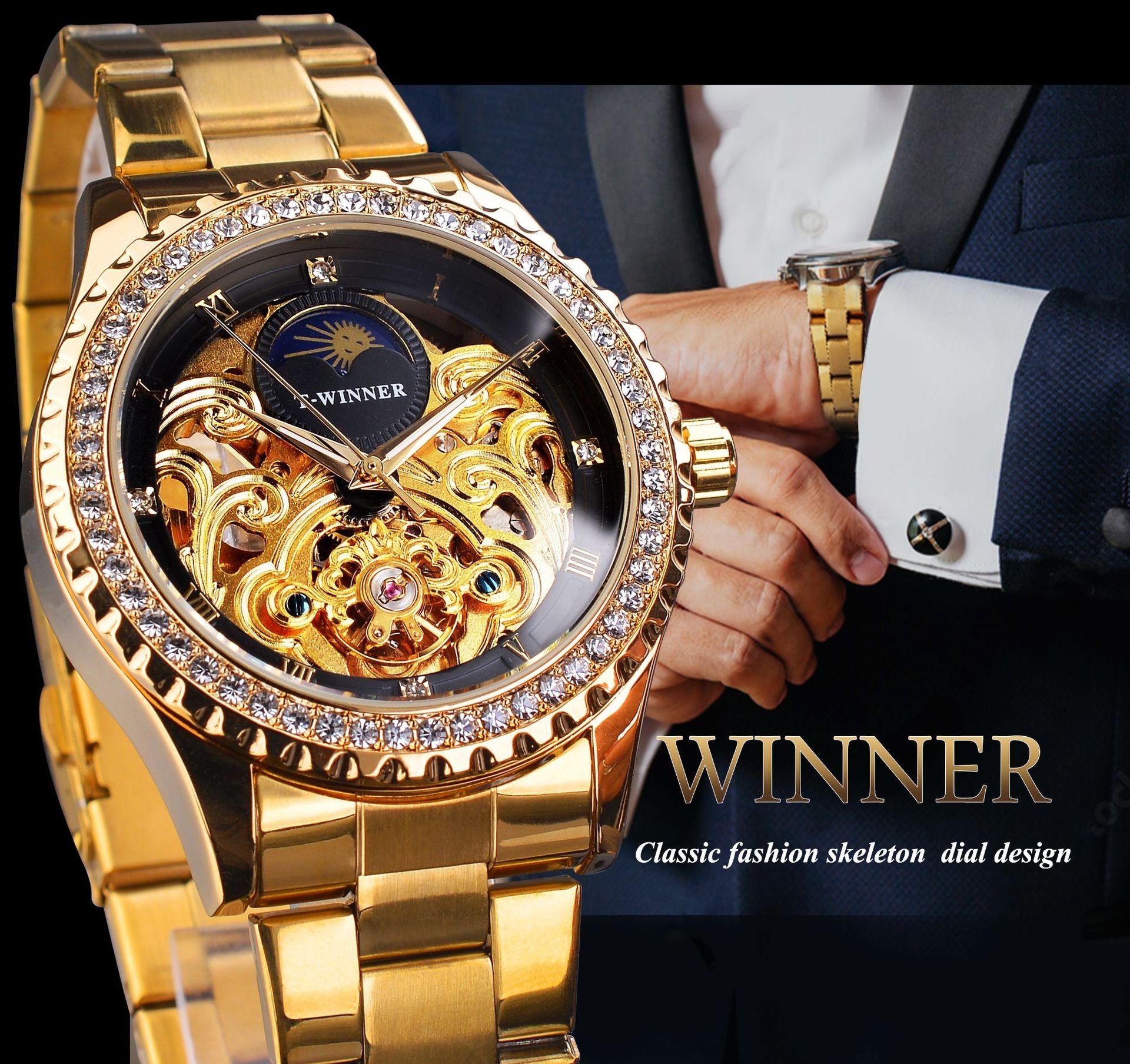 T-Winner Men’s Skeleton Automatic Mechanical Watch – Rhinestone Bezel, Fashion Timepiece