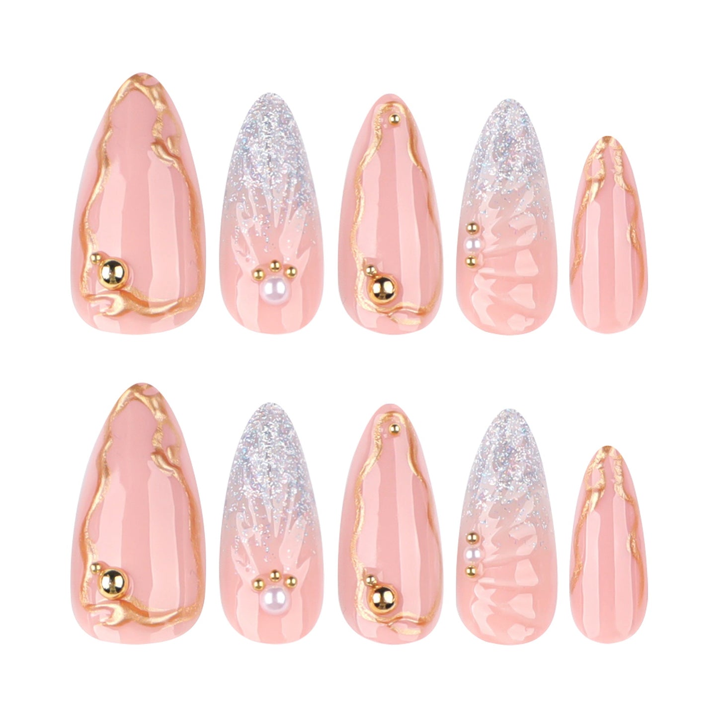 3D Glitter Wing Press-On Nails – Long Stiletto Nude Nails with Gold Accents