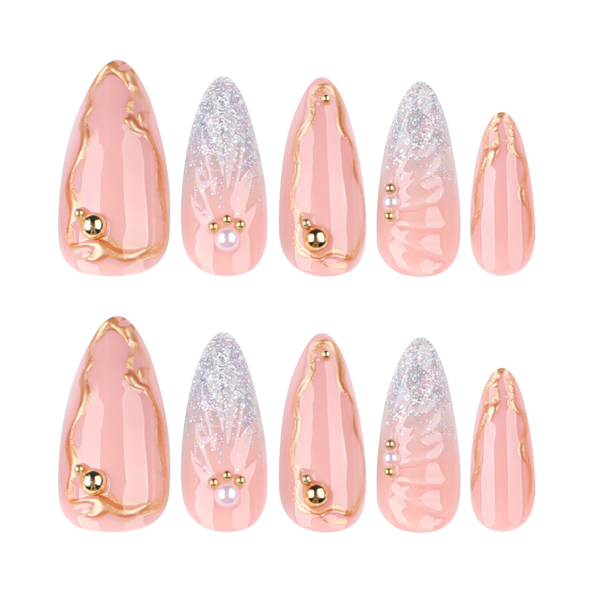 3D Glitter Wing Press-On Nails – Long Stiletto Nude Nails with Gold Accents