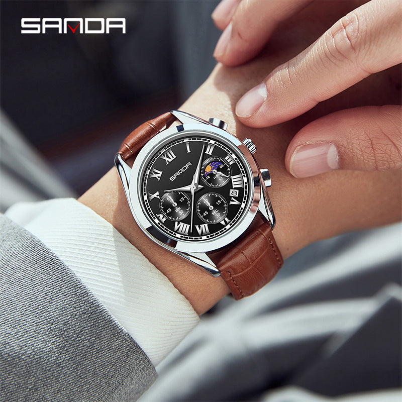 Sanda Men’s Leather Quartz Watch – Waterproof Business Watch with Moon Phase & Calendar
