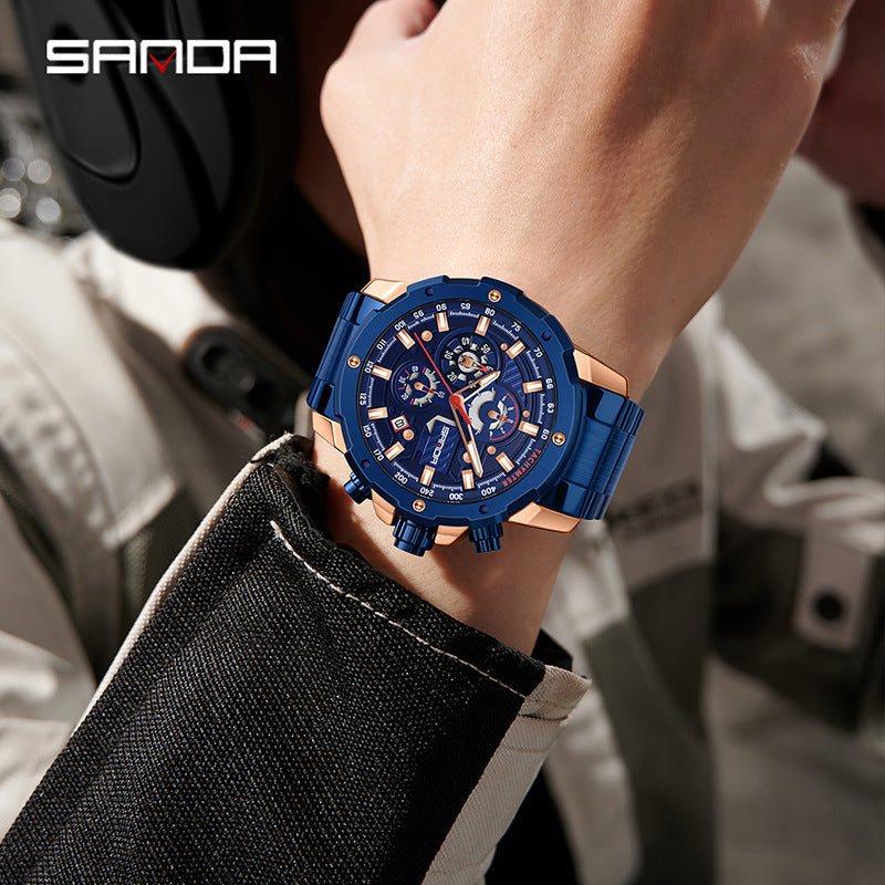 Sanda Men’s Stainless Steel Quartz Watch – Multi-Function Chronograph, Waterproof Watch