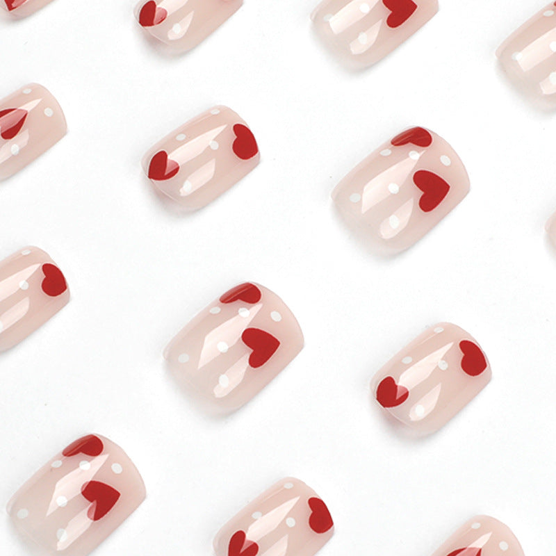 Red Heart Polka Dot Press-on Nails – Cute Square Acrylic False Nails, Glossy Finish