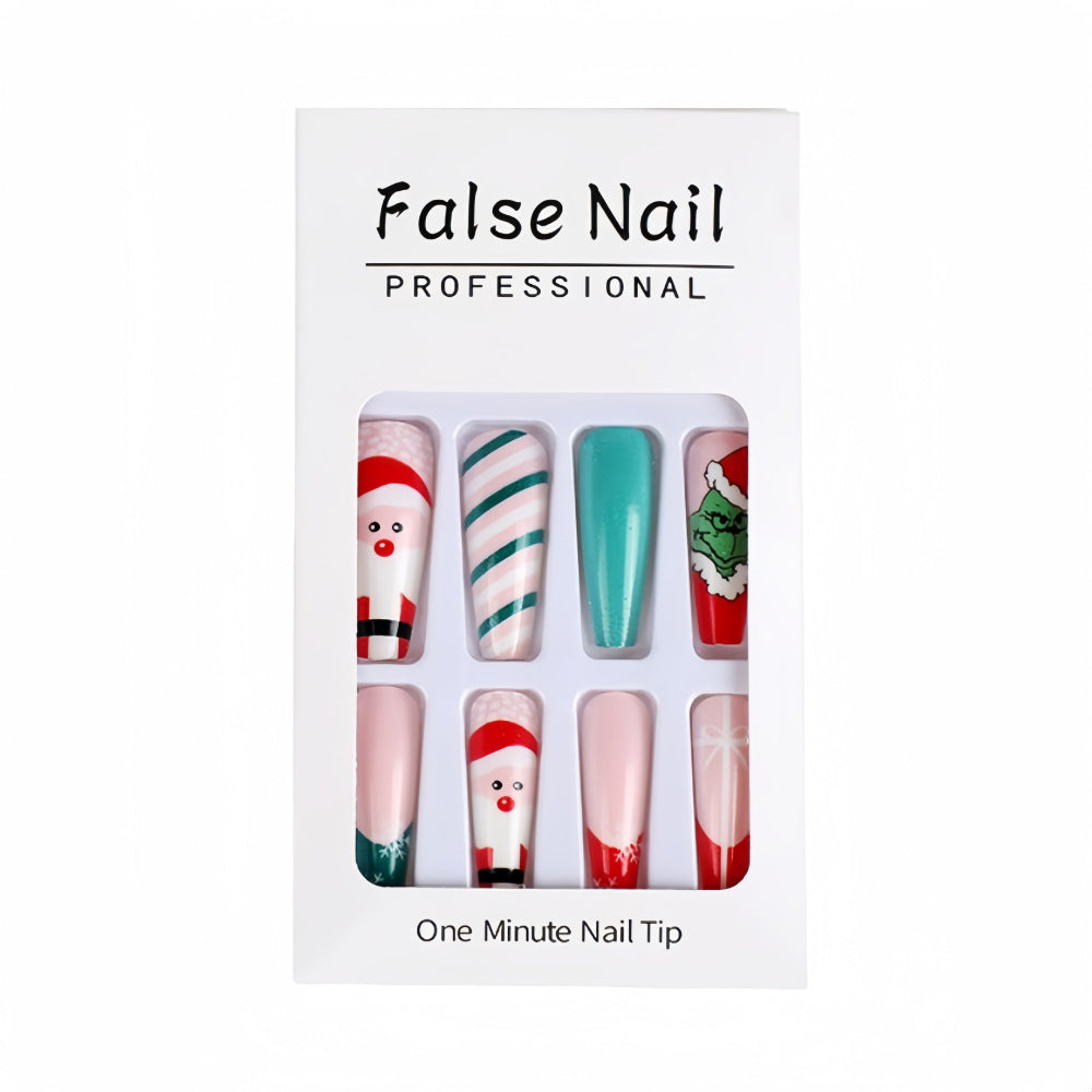 Festive Coffin Press-On Nails with Santa & Grinch Designs – Long Acrylic Glue-On Set