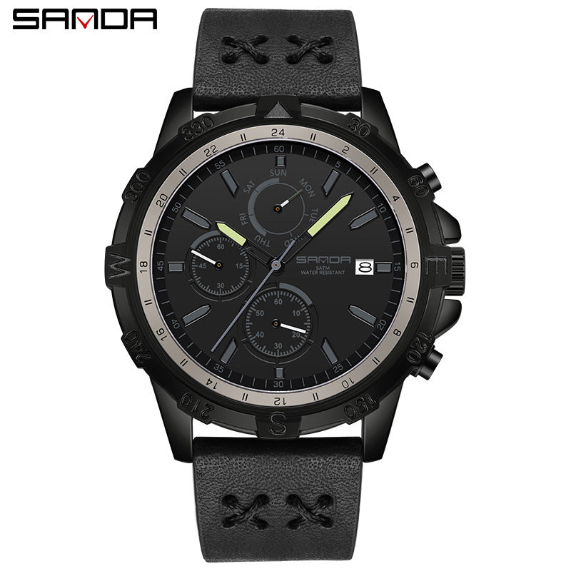 SANDA Men's Outdoor Sports Quartz Watch – Calendar, Detachable Leather Strap