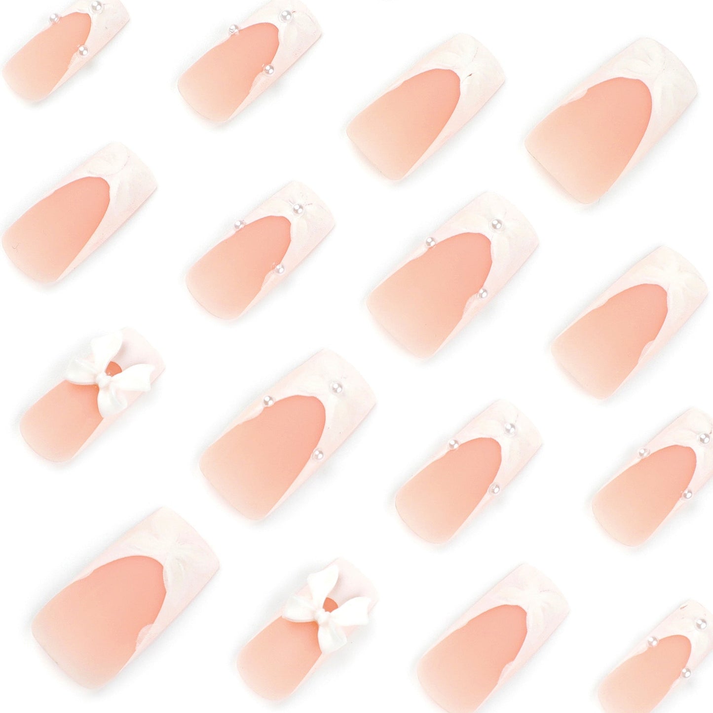 Long Coffin Luxe Bridal Press-On Nails – Nude White with 3D Bows & Pearl Accents